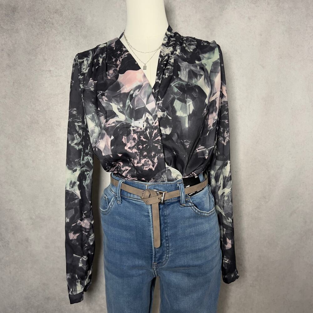Dark Grey Crossover Abstract Print Long Sleeve Top Size 6
